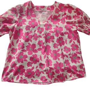 Jade by Jane Floral Pullover Blouse Top, V-neck, pink & white, sz 2X Puff Sleeve